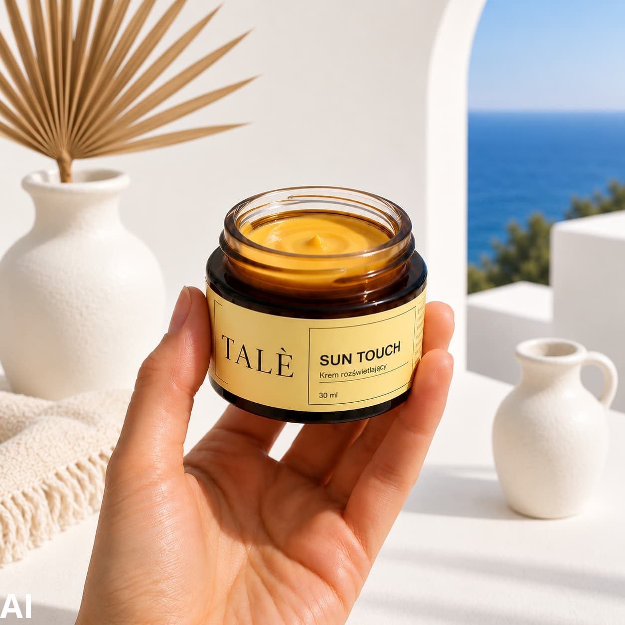 Open jar of TALÈ Sun Touch held in a hand, with dried palm leaves and the sea in the background