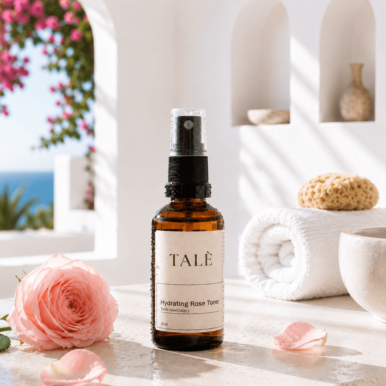 Butelka toniku Hydrating Rose Toner wśród róż, w tle morze