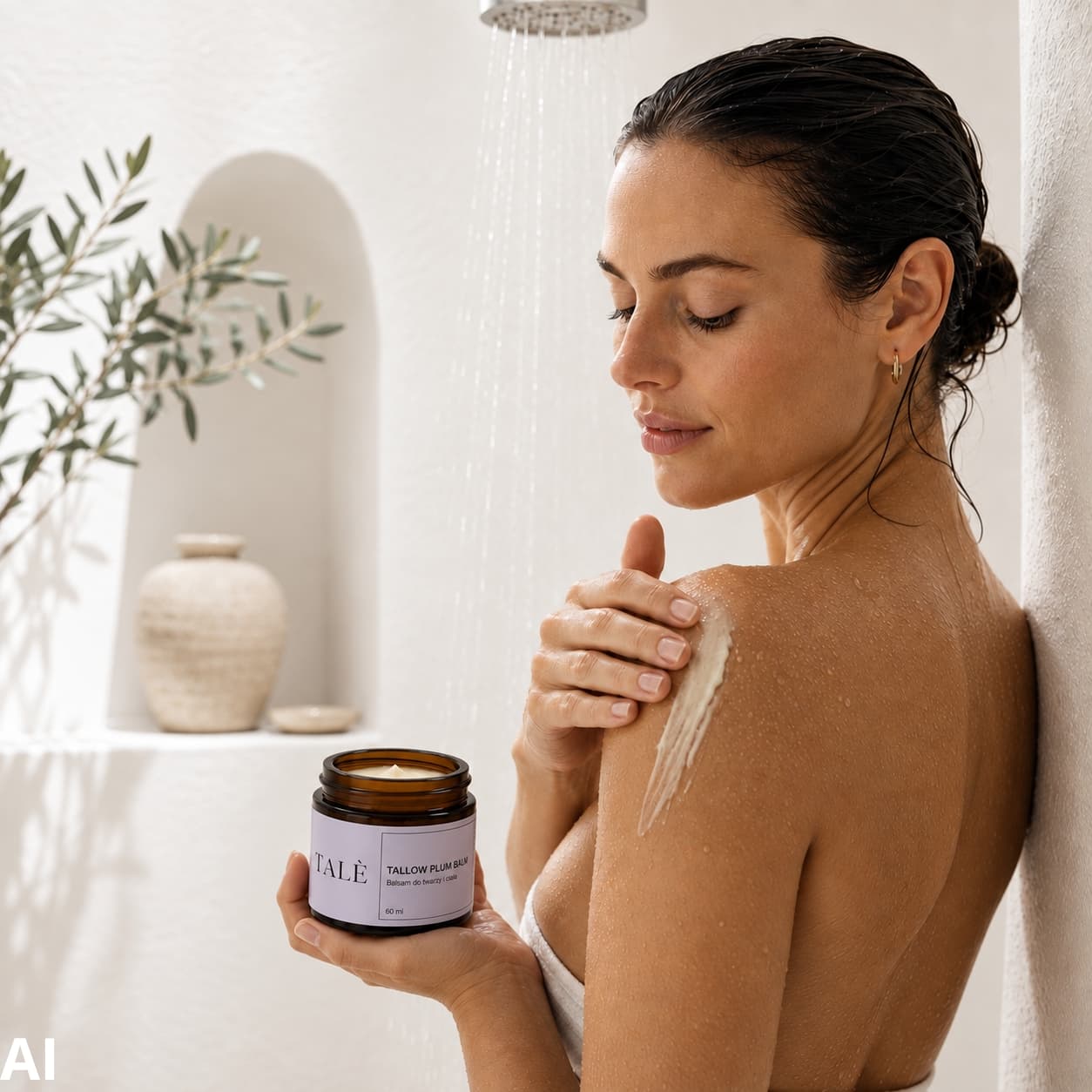 Kobieta pod prysznicem nakłada balsam TALÈ Tallow Plum Balm na ramię