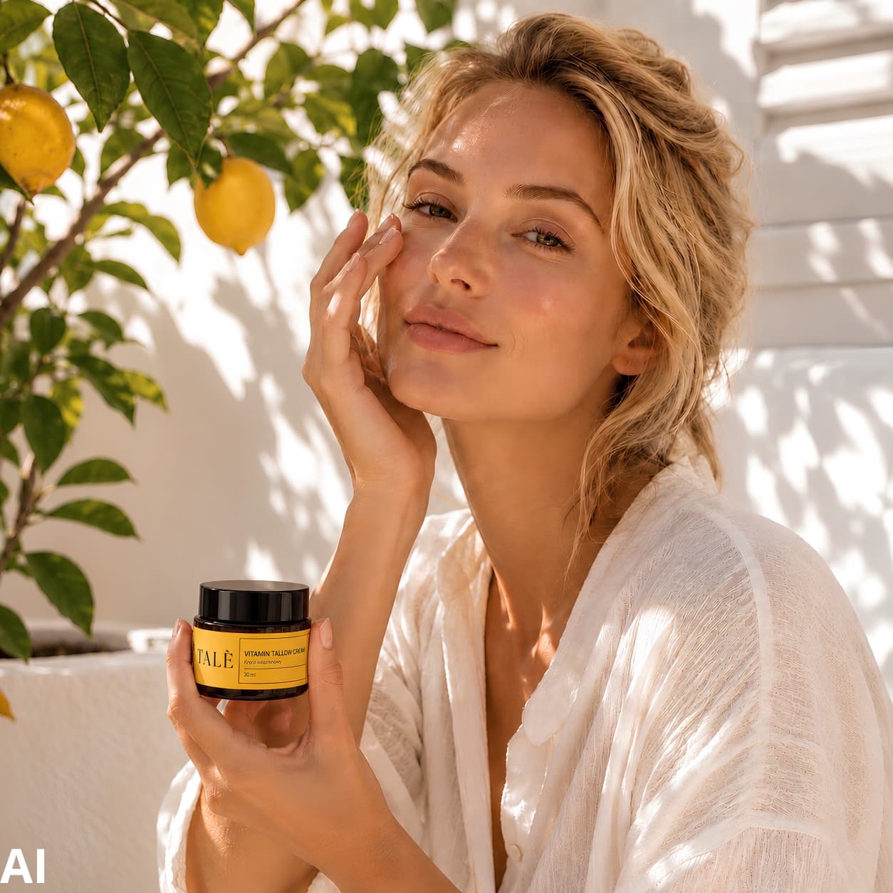 Kobieta w białej koszuli trzyma słoik kremu TALÈ Vitamin Tallow Cream, w tle drzewko cytrynowe