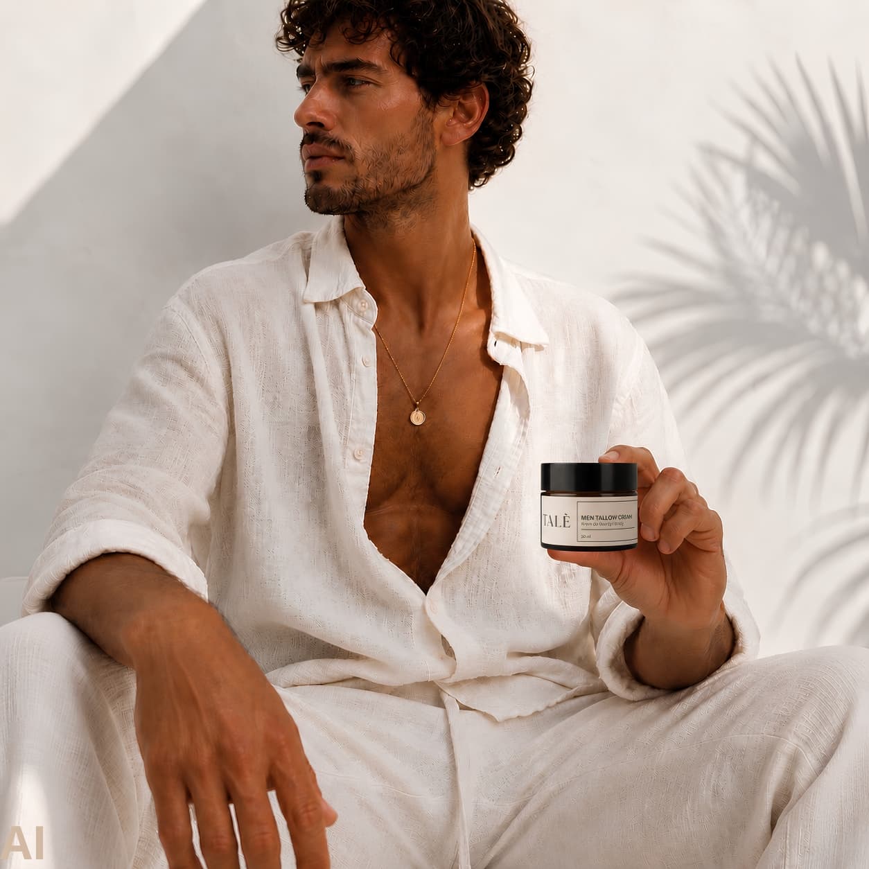Mężczyzna w lnianej koszuli trzyma słoik kremu TALÈ Men Tallow Cream
