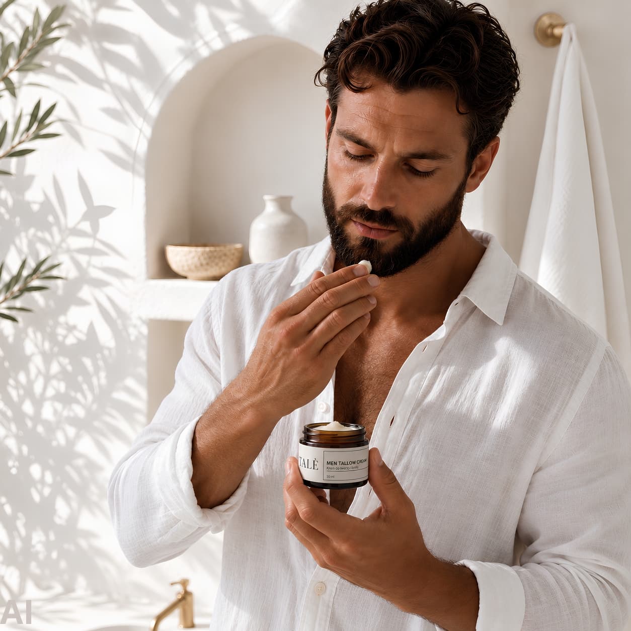 Mężczyzna z brodą nakłada krem TALÈ Men Tallow Cream na twarz
