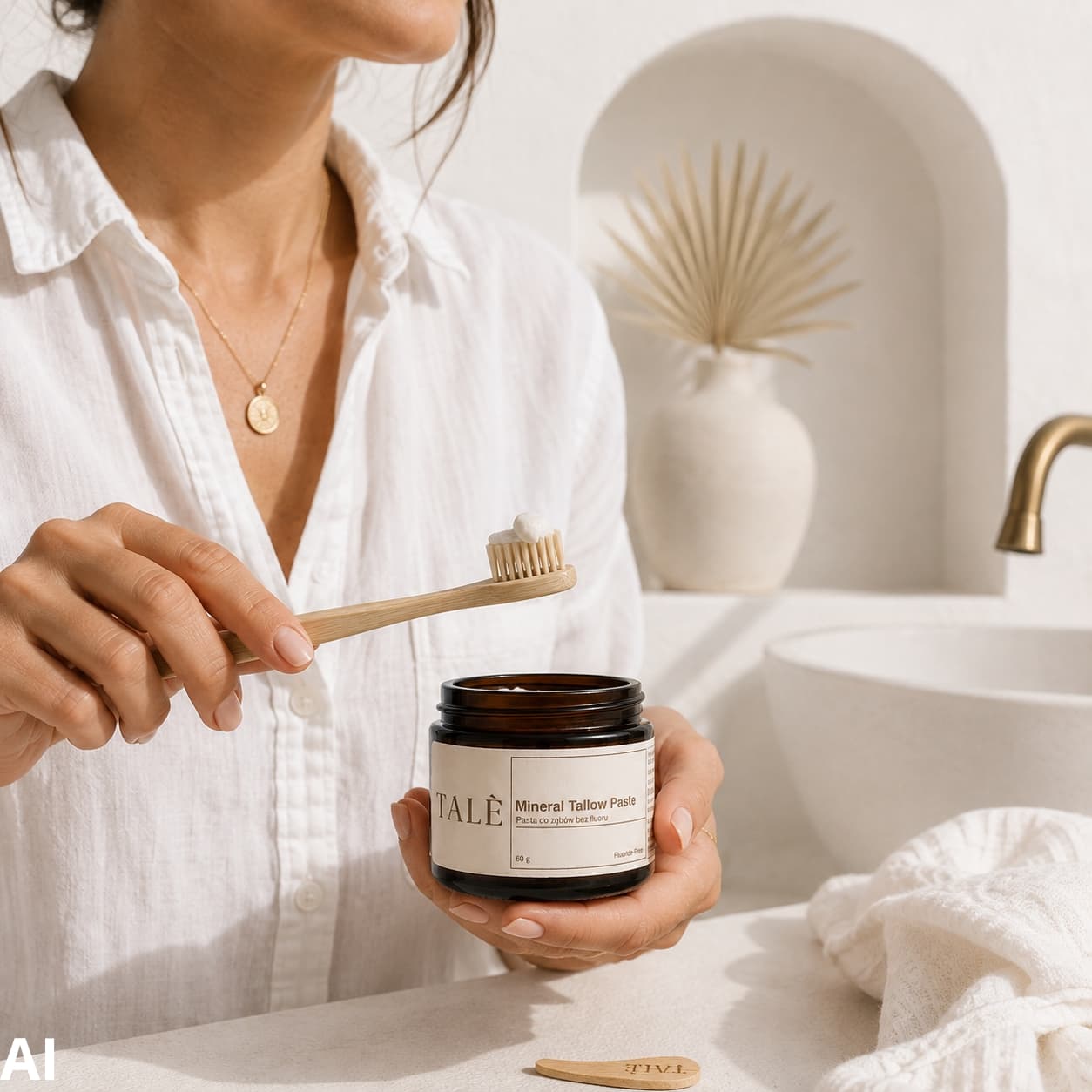 Kobieta z drewnianą szczoteczką do zębów i słoikiem pasty Mineral Tallow Paste