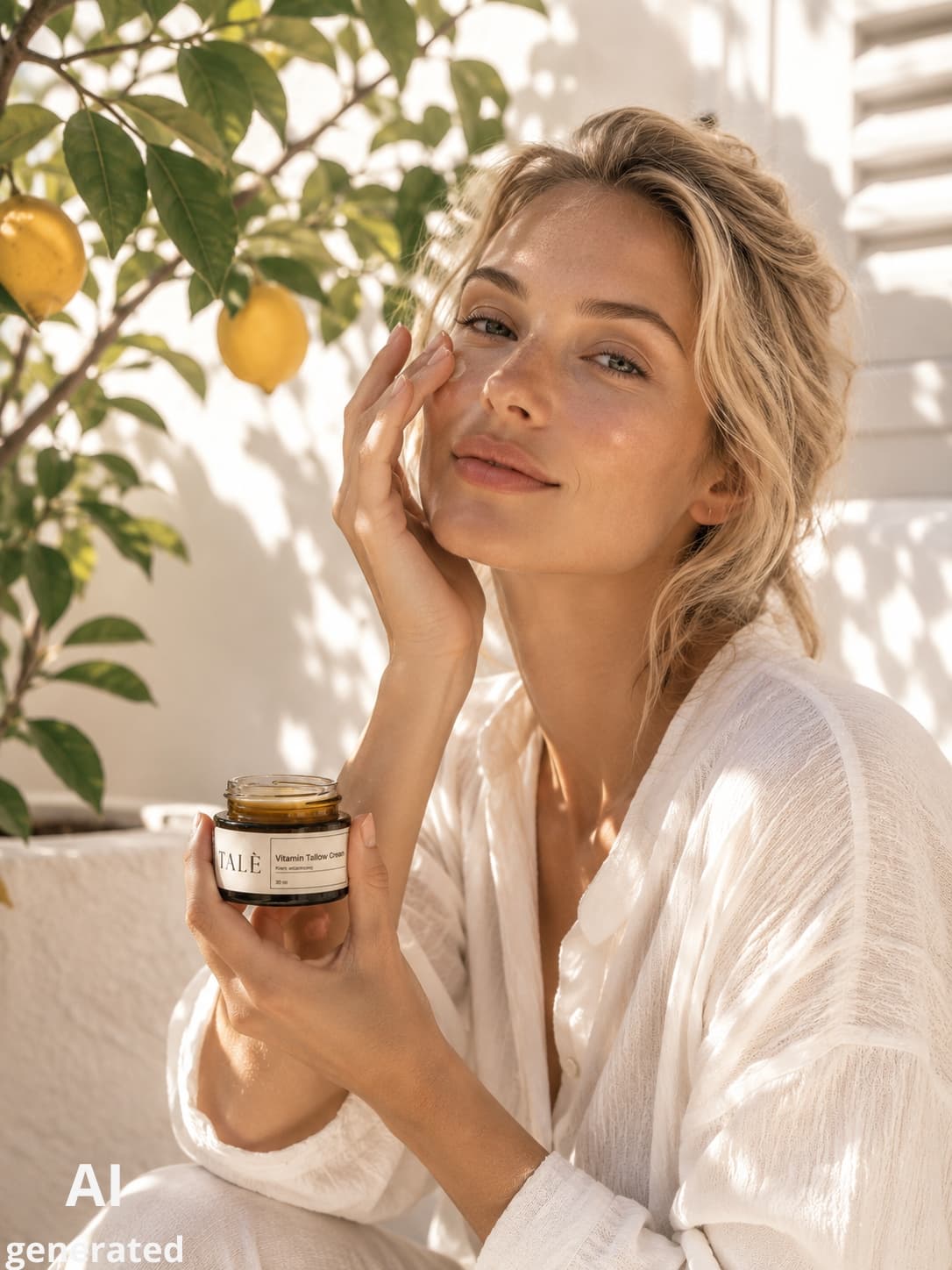 Kobieta pod drzewem cytrynowym trzyma słoik kremu Vitamin Tallow Cream