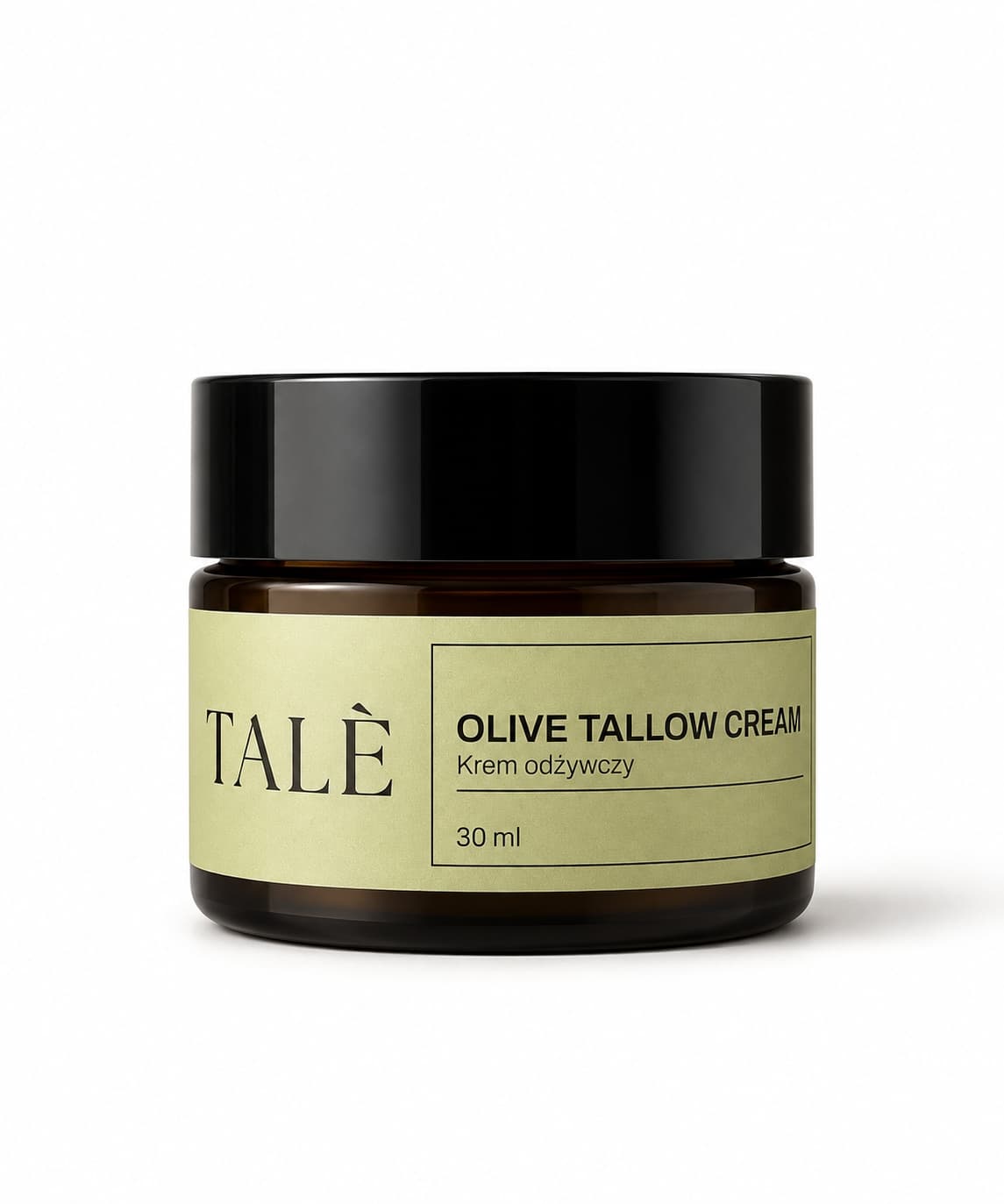 Open jar of TALÈ Olive Tallow Cream 30 ml showing its creamy texture, with the black lid, olives and an olive branch beside it