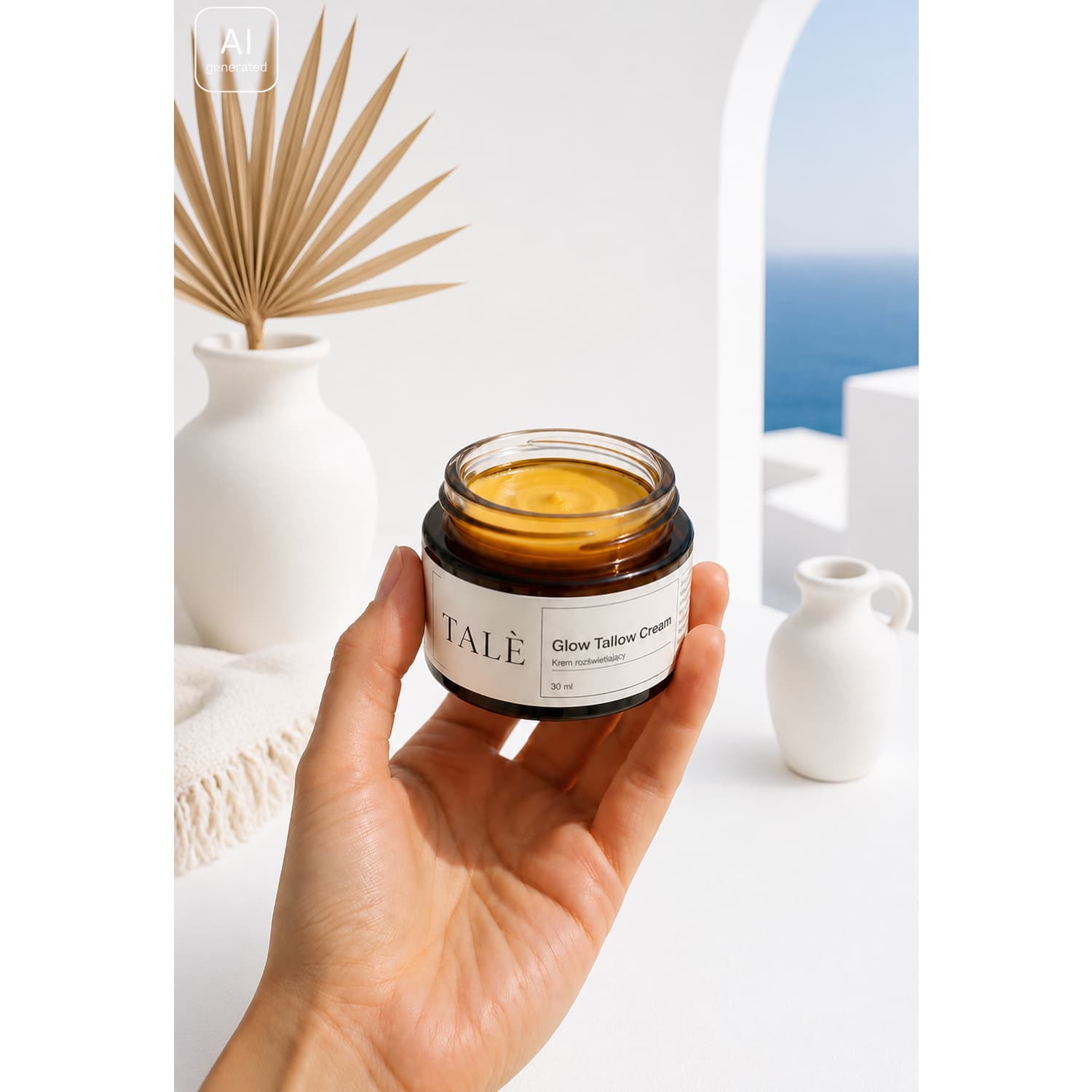 Dłoń trzymająca otwarty słoik kremu Glow Tallow Cream o złocistej barwie