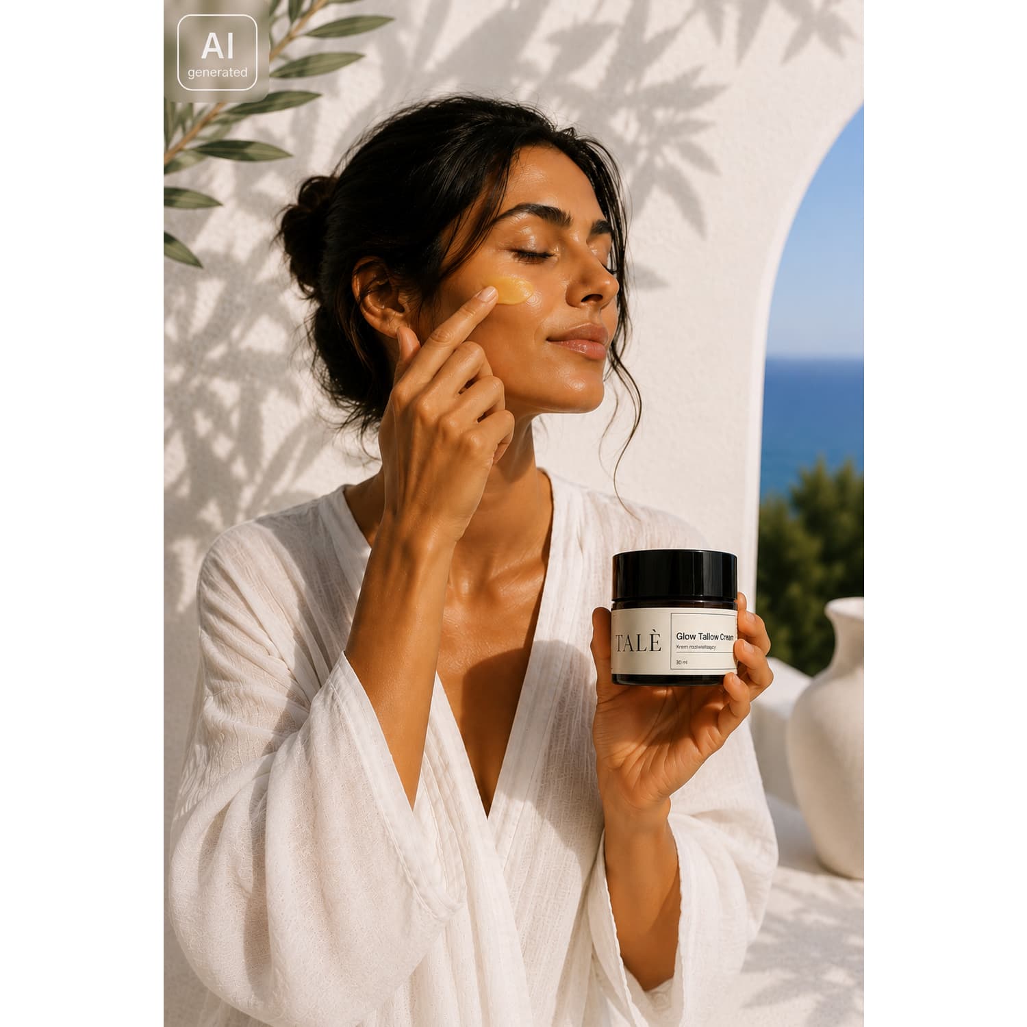 Kobieta nakłada krem Glow Tallow Cream na twarz, trzymając słoik w dłoni