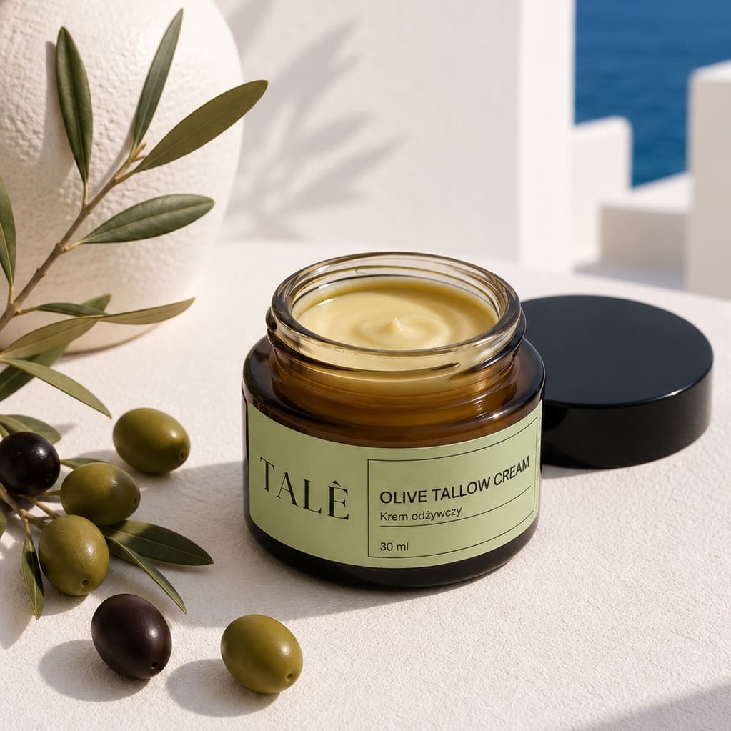 Jar of TALÈ Olive Tallow Cream 30 ml with a black lid and green label on a white background