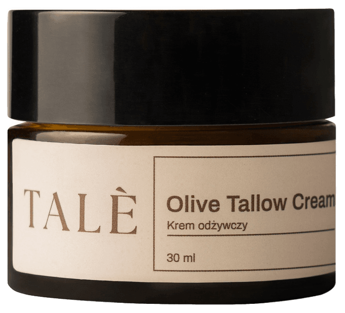 Zbliżenie słoika kremu TALÈ Olive Tallow Cream 30 ml z widoczną etykietą