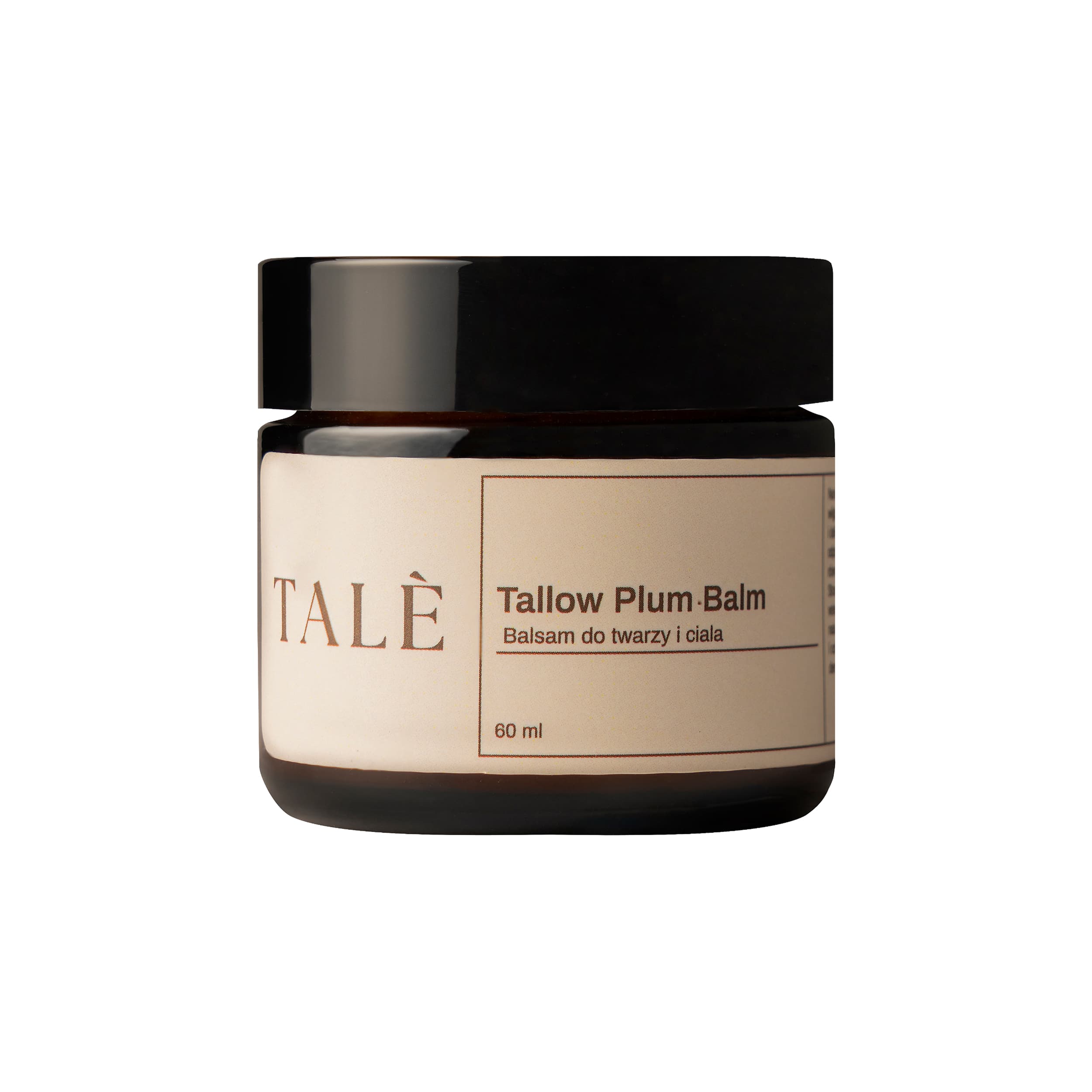 Słoik balsamu TALÈ Tallow Plum Balm 60 ml z ciemnego szkła z beżową etykietą