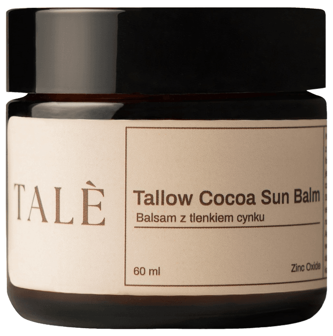 Zbliżenie słoika TALÈ Tallow Cocoa Sun Balm 60 ml z widoczną etykietą i oznaczeniem tlenku cynku